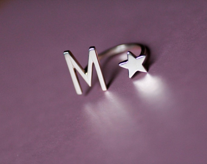 Initial gold ring Monogram ring Personalized name ring Gold ring Open form Star ring Cuff ring Pearl ring Gift idea