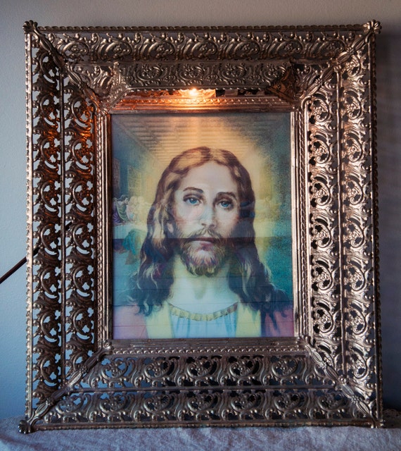 Holographic Framed Picture of Jesus. Vintage Religious Art.