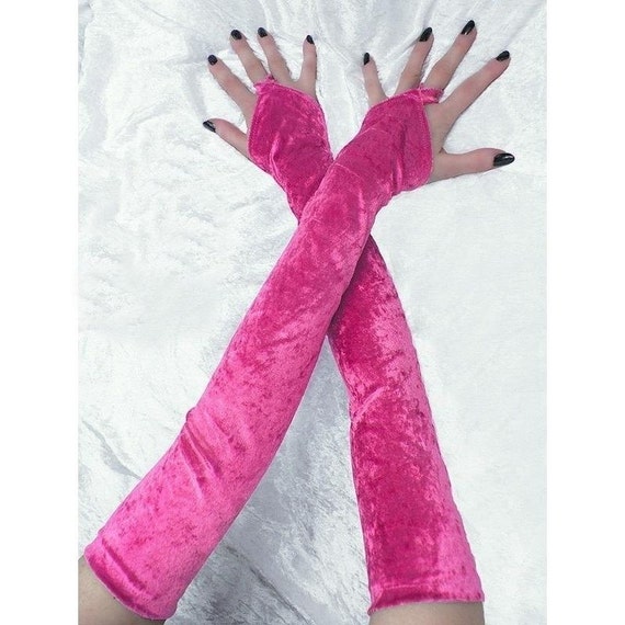 Items similar to pink extra long velvet fingerless gloves, arm warmers