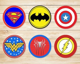 Printable Superhero Cupcake Topper Basic Logos // Superhero Stickers // Super hero cupcake toppers // Superhero Party // Superhero Favors
