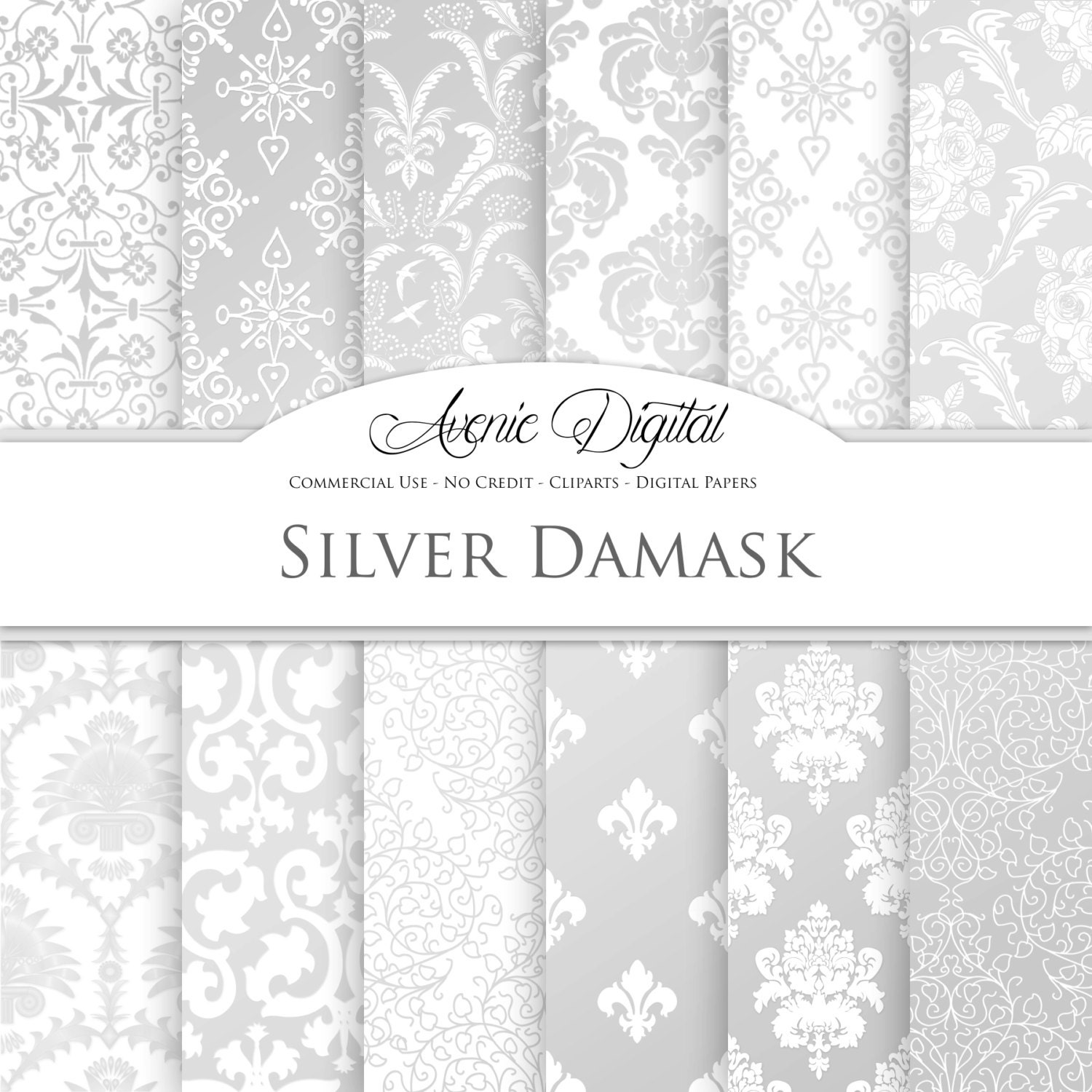 Silver Damask Digital Paper. Scrapbooking Backgrounds. Silver