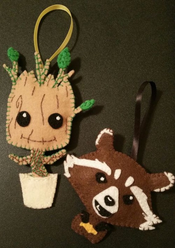 Rocket and Baby Groot, Guardians of the galaxy. Nerdy christmas ornaments.