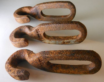 Set of 3 Modern Rustic Vintage 1950's Barn Hooks Multi-Function Rusty Weathered Iron Links with Patz Co. Markings.