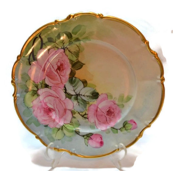Bavaria Plate w/ Hand Painted Pink Roses Germany
