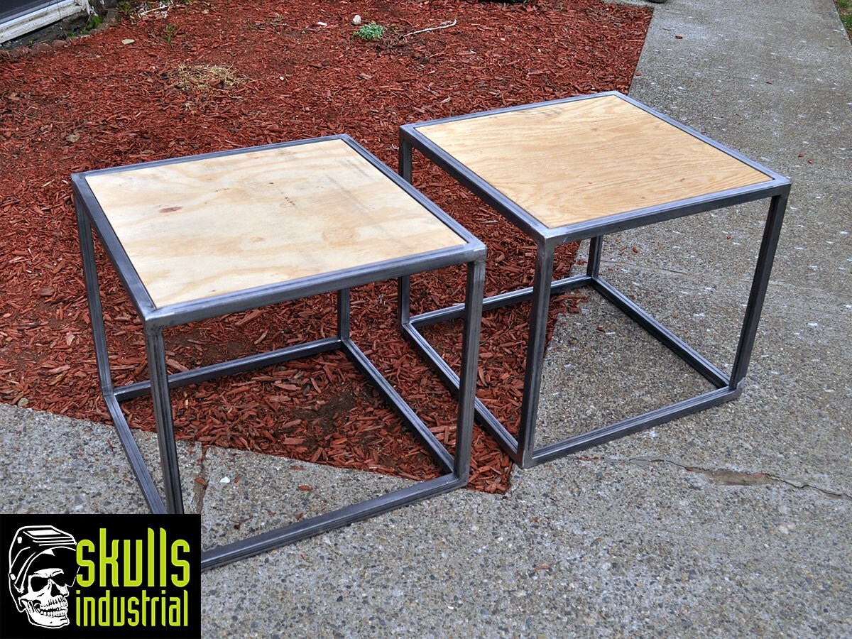 Side Table. Welded steel with reclaimed plywood top.