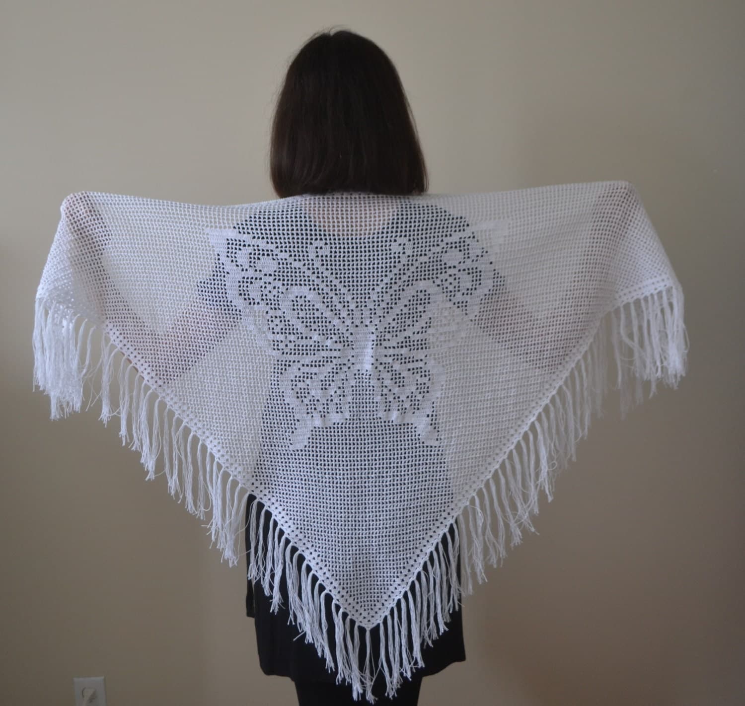Cotton Crochet White Shawl with Butterfly Wedding Shawl