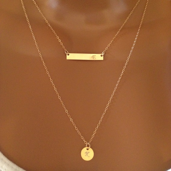 14k Gold filled initial Bar Necklace Set of 2 Layered