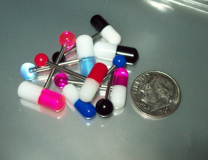 Tongue rings PILL TOPS Acrylic barbell ring 14 gauge unique tongue bars hypoallergenic straight bar piercing industrial nipple body jewelry steampunk buy now online