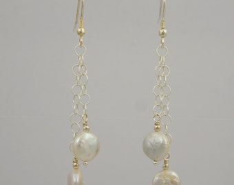 Dangling Coin Pearl Earrings