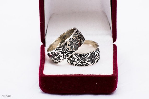 hers Ukrainian ethnic wedding ring set. Solid silver hand-made wedding ...