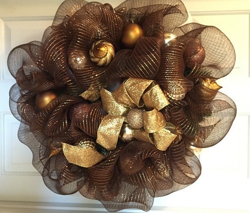 Classsic Chocolate and Gold Deco Mesh Holiday Wreath by WreathsAndUniques
