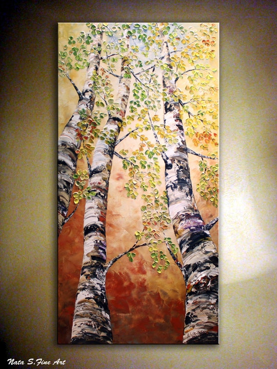 Art peinture. Original moderne bouleau arbre peinture couteau