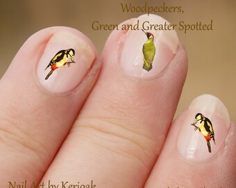 Woodpecker Nail Art, Bird Nail Art Stickers, Woodpecker fingernail stickers, Spotted Woodpecker, Green Woodpecker, birds, Decals,