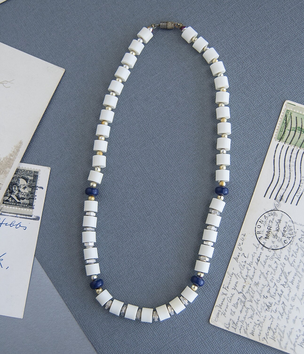 Vintage 1960s Simple Small White And Navy Bead Necklace Silver And