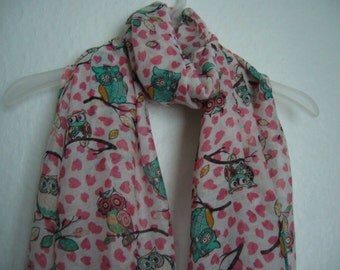 Owl Scarf, Pink Hearts - Multi colour Owl Scarf, Scarf, Spring, Summer Scarf, Multi Colour Scarf, For Her