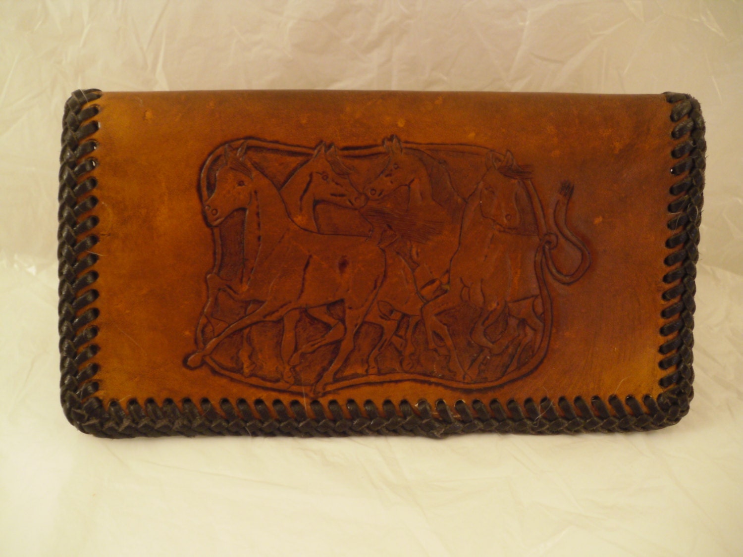 Hand Tooled leather checkbook cover with horses Made in