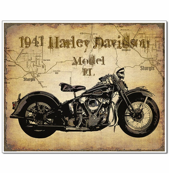 1941 Vintage  Harley  Davidson  Motorcycle art print with map of