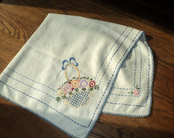 Vintage White Linen Tablecloth with embroidered woven basket design and satin stitched border and hand made lace crochet trim in Good Shape