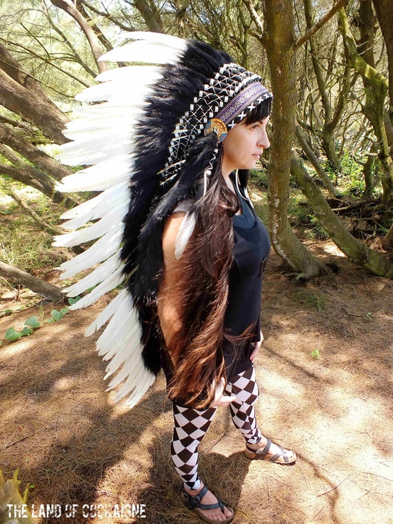 Large Black and White Native American Headdress Chief Indian