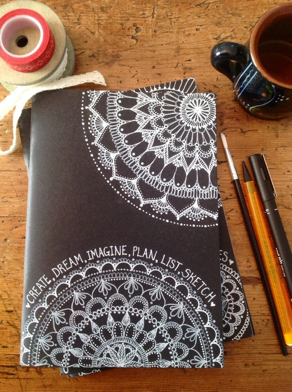 Items similar to Hand-Decorated Black Cover Sketchbook, Notebook