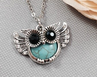 owl necklace, owl jewelry, animal necklace, long owl necklace, owl pendant necklace, turquoise owl
