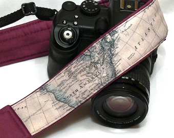 Camera Strap. Photo accessories. World Map Camera Strap. Padded Camera Strap. Purple DSLR Camera Strap. Pocket. For traveler.
