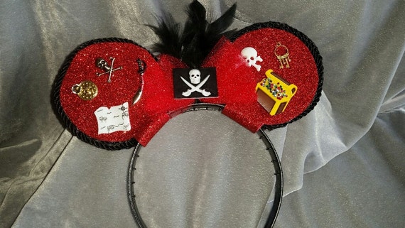 Pirate Mouse Ear Headband - Red and black with feathers