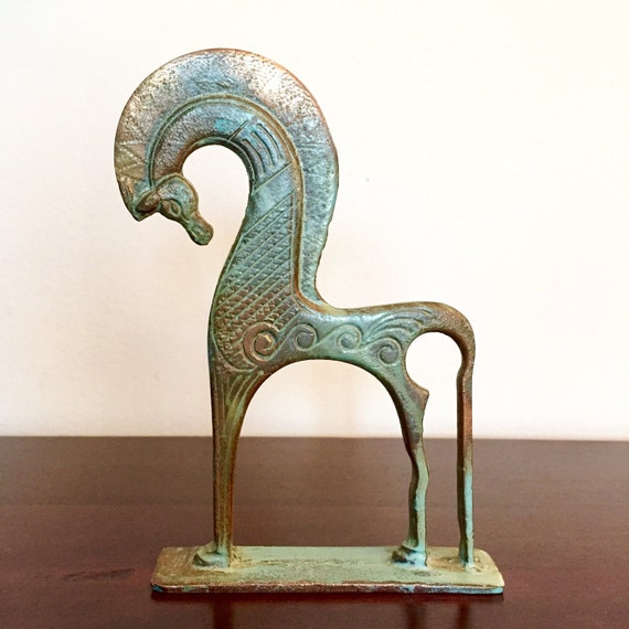 Vintage Bronze Greek Horse Statue Figurine with Antique Green