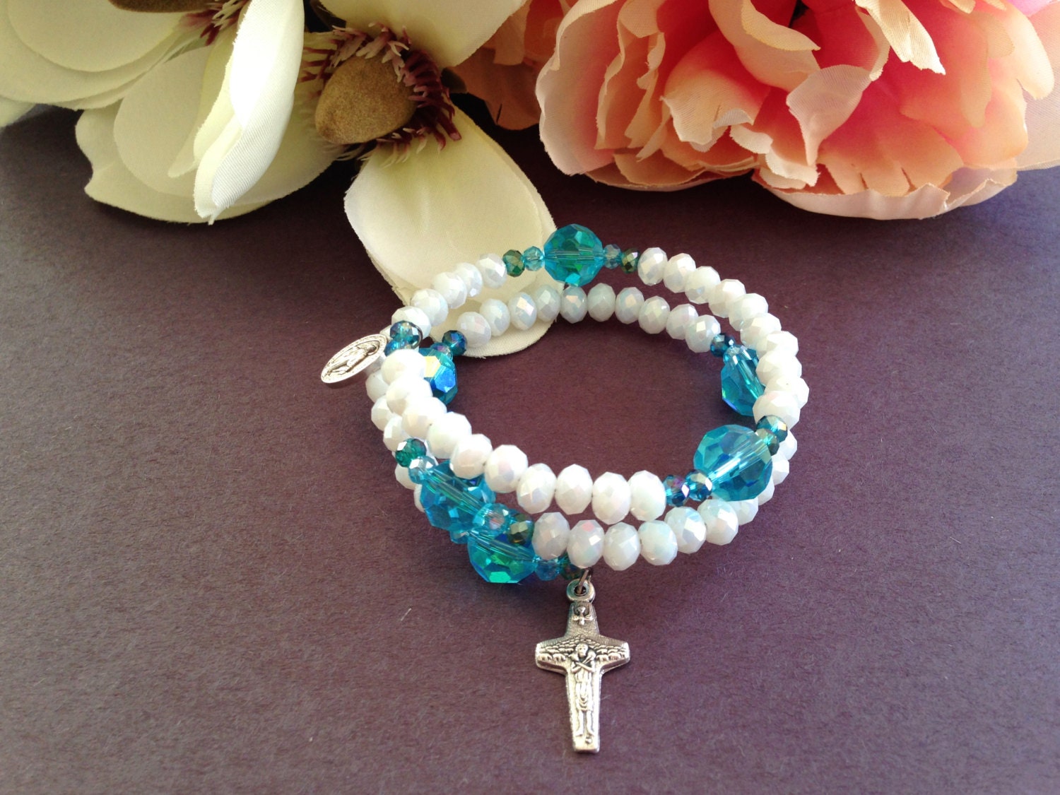 Little Girl's White and Blue Rosary Bracelet by BeadsOfGraceByKris