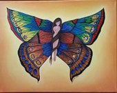 Oil painting of butterfly girl on canvas ready to hang.