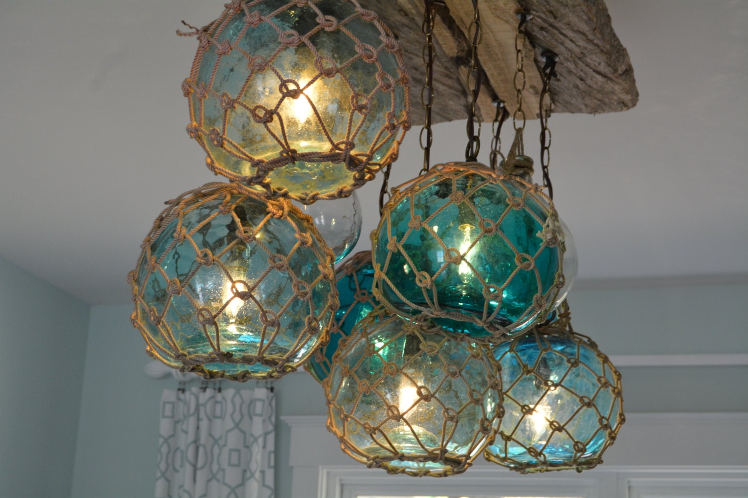 Vintage Glass Fishing Float Light Fixture Chandelier with 7