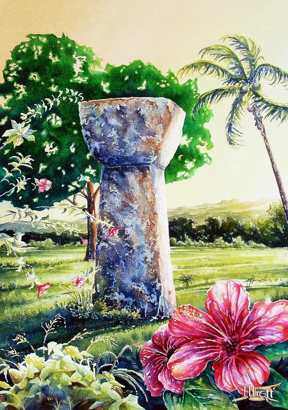 Latte Stone Print Tropical Watercolor Landscape Print