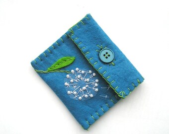 Felt coin purse, Dandelion purse,handmade felt purse, gift purse, small purse, Blue with dandelion applique and embroidery