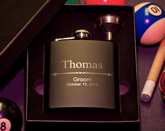 Flask in Gift Box, Personalized Groomsman Flask with Arrow Design, Custom Engraved Gift, Wedding Flask with Funnel, Best Man, Bachelor Party