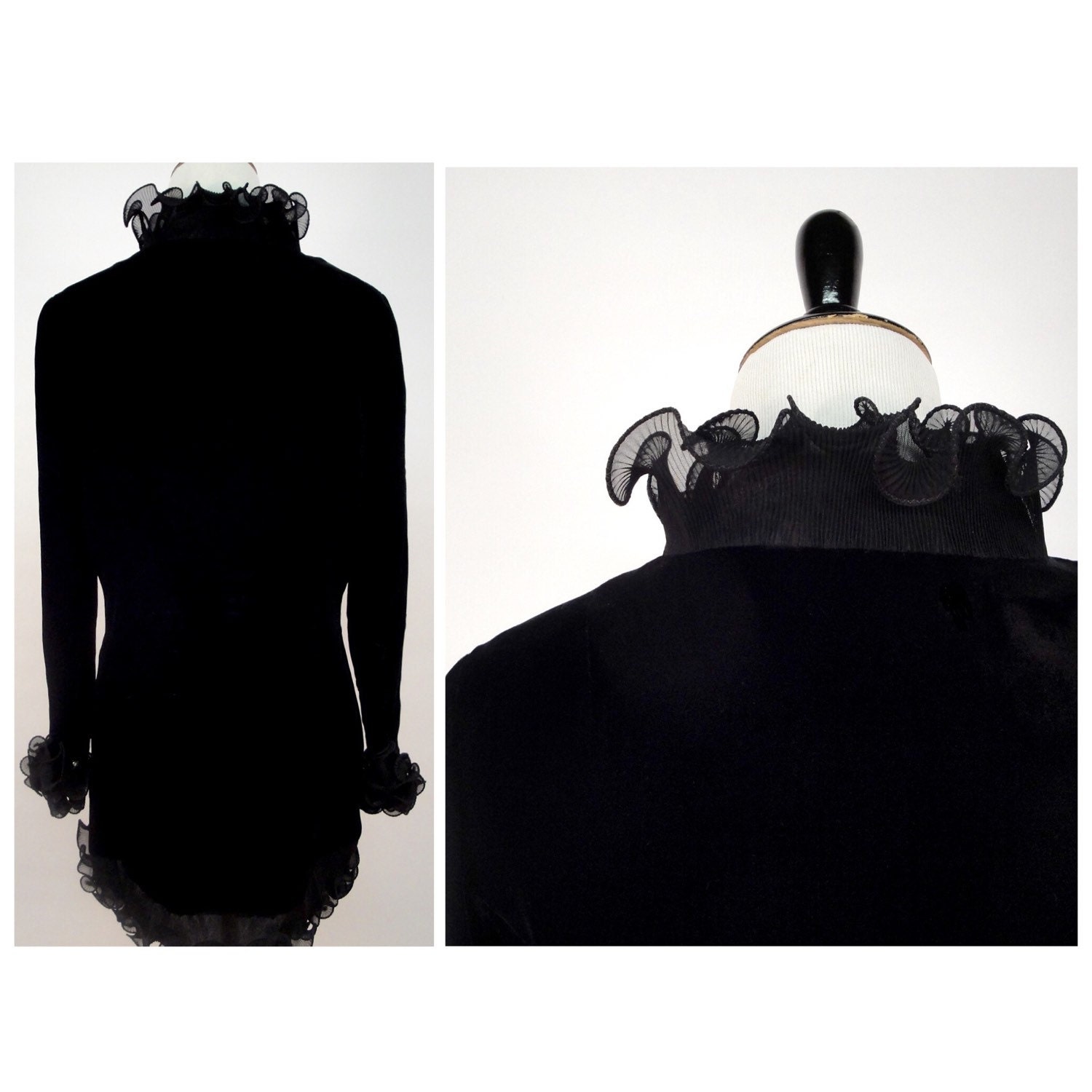 Black Velvet Jacket Ruffles & Rhinestones Vintage 60s Soft