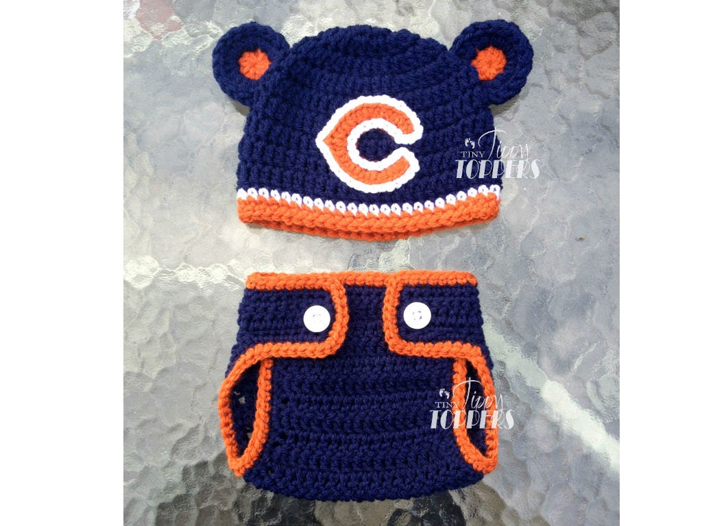 Crocheted CHICAGO BEARS Hat and Diaper cover set baby girl boy