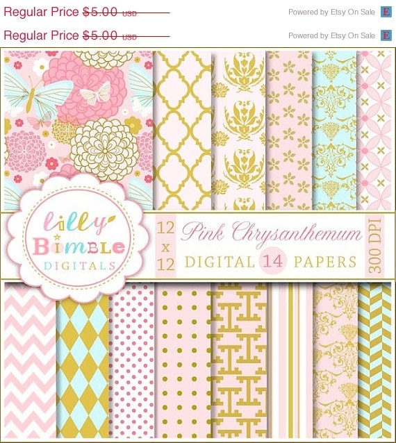 50% off Elegant Digital Scrapbook Paper with Pink Chrysanthemum, mums, flowers, pink and gold printable DIgital Download Il_570xn