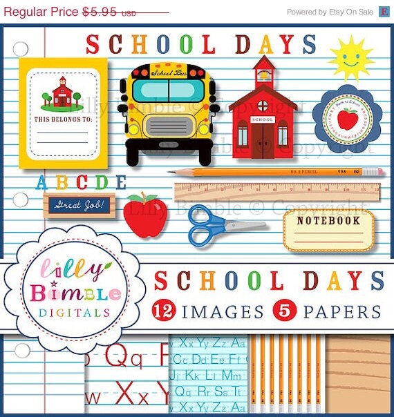 50% off Back to School clipart education, scissors, apple, pencil, ruler, digital papers INSTANT DOWNLOAD School Days Il_570xn