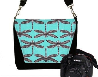 Womens Padded DSLR Camera Bag Slr Camera Bag Purse Dragonfly Deluxe Messenger Camera Bag Zipper Pocket Turquoise Blue Black RTS