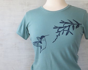 Womens Graphic T Shirt - Organic Cotton Jersey T Shirt - Womens Tee Shirt - Turquoise Tee Shirt - Ladies Screen Printed TShirt- Hummingbird
