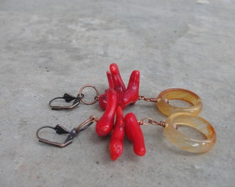 Red Coral Branch Hoop Earrings Chandelier Copper Bohemian Metaphysical Copper Jewelry SydneyAustinDesigns