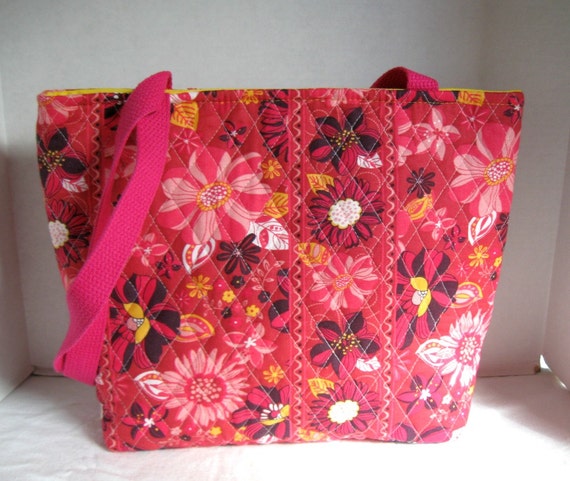 Large Quilted Purse Floral Tote Bag Pink Yellow Flowers