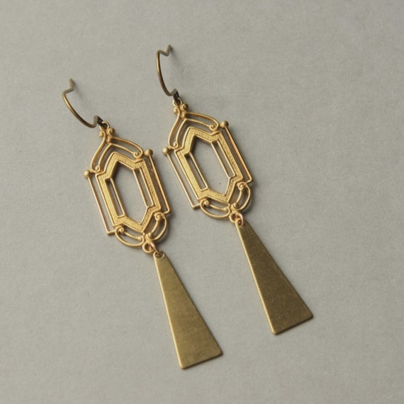 Art Deco Earrings Brass Charm Earrings Long Brass Earrings