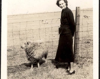 vintage photo 1937 Farmerette Young woman w Sheep