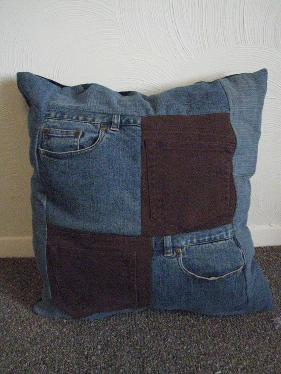 Upcycled Denim Throw Pillow With Pockets Jean Patchwork