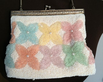Vintage Beaded Purse, Pastel Floral Clutch, Formal Evening Bag for Wedding, Prom or Holiday