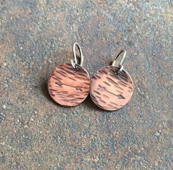 Arrow stamped and hammered copper disc earrings with sterling