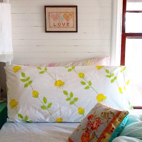 Vintage KING pillowcases set yellow floral rose