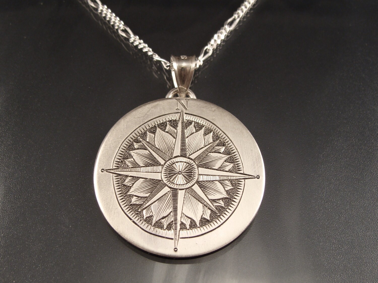 Sterling Silver Hand Engraved Compass Rose Necklace