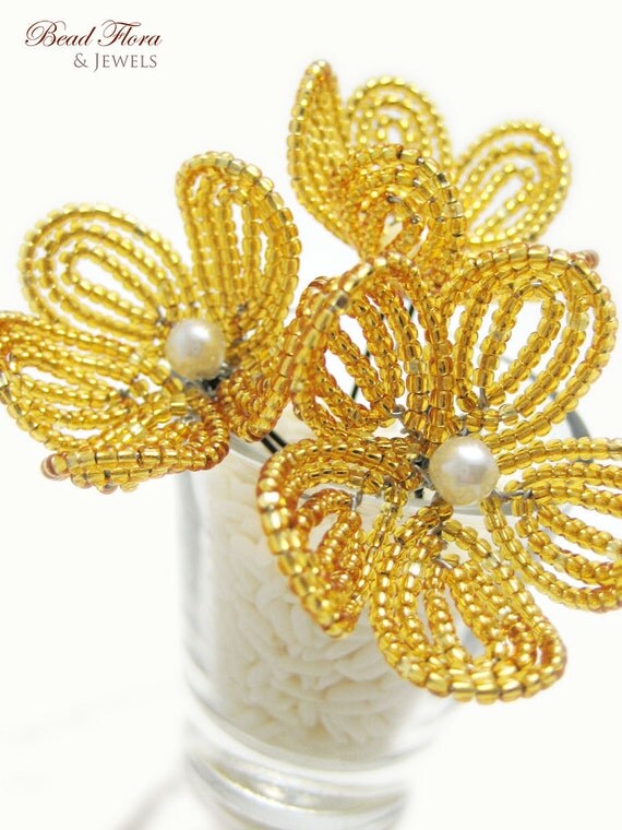 gold beaded flower hair pins French beaded flowers brides